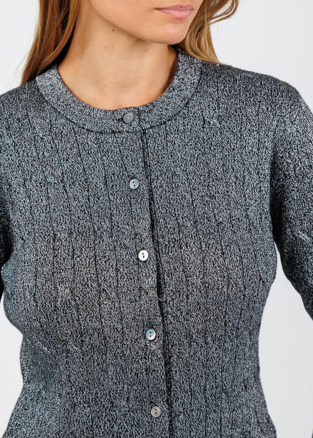 BK Kitti Lurex Cable Cardigan in Ebony/Silver available at Barbara Katz