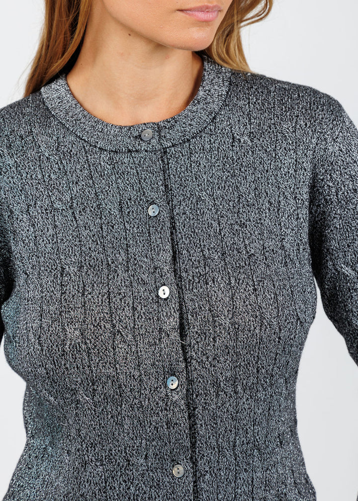 BK Kitti Lurex Cable Cardigan in Ebony/Silver available at Barbara Katz
