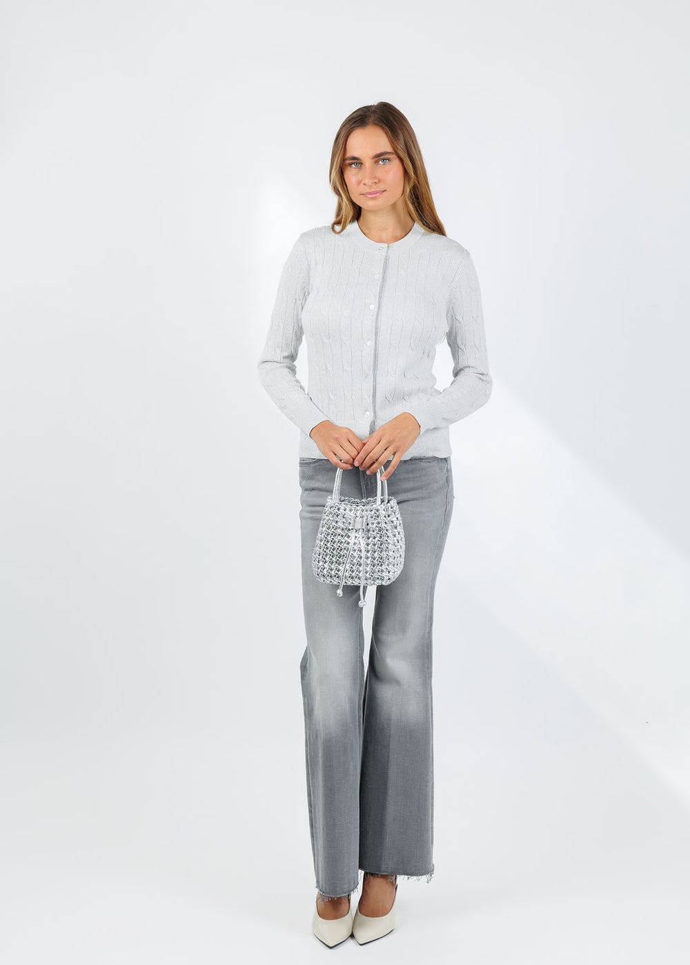 BK Kitti Lurex Cable Cardigan in White/Silver available at Barbara Katz