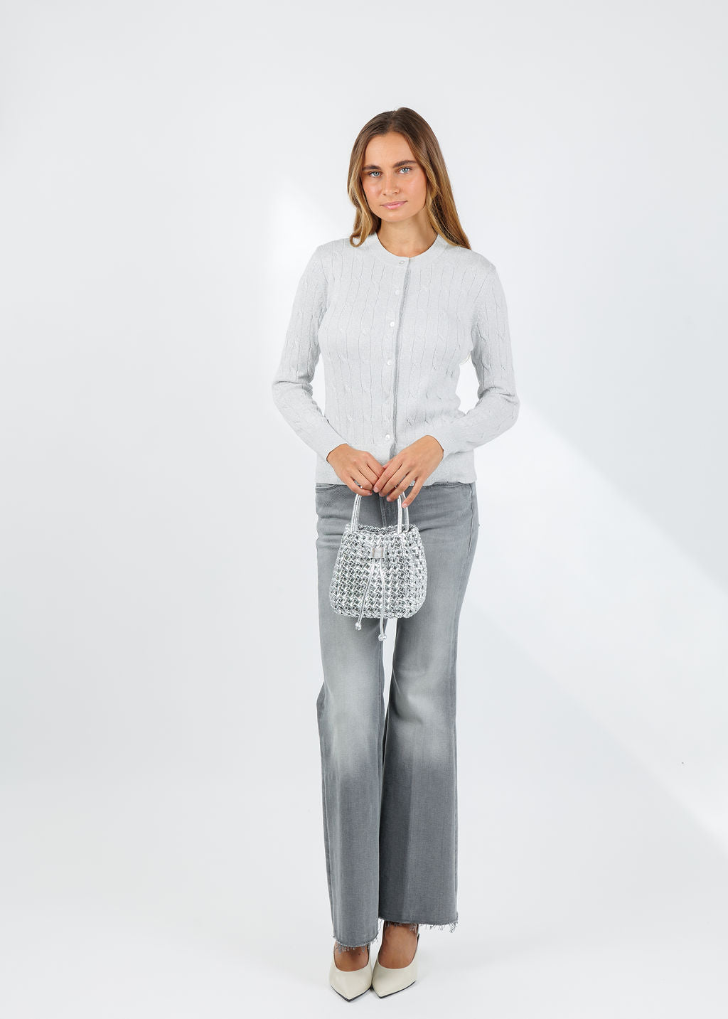 BK Kitti Lurex Cable Cardigan in White/Silver available at Barbara Katz