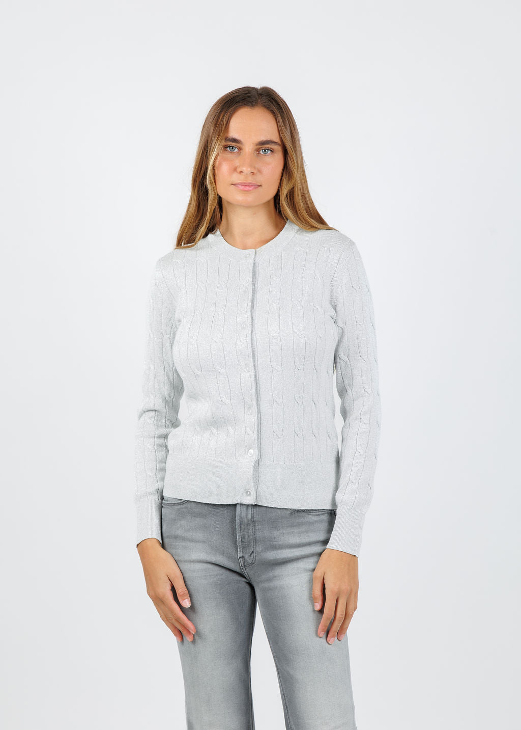 BK Kitti Lurex Cable Cardigan in White/Silver available at Barbara Katz