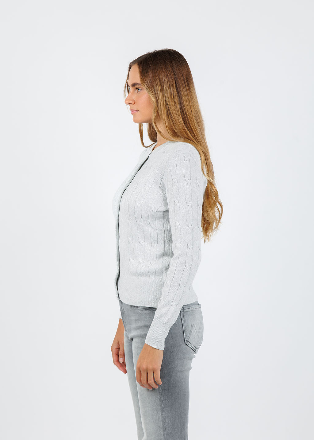 BK Kitti Lurex Cable Cardigan in White/Silver available at Barbara Katz