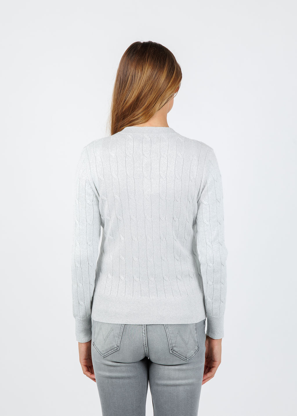 BK Kitti Lurex Cable Cardigan in White/Silver available at Barbara Katz