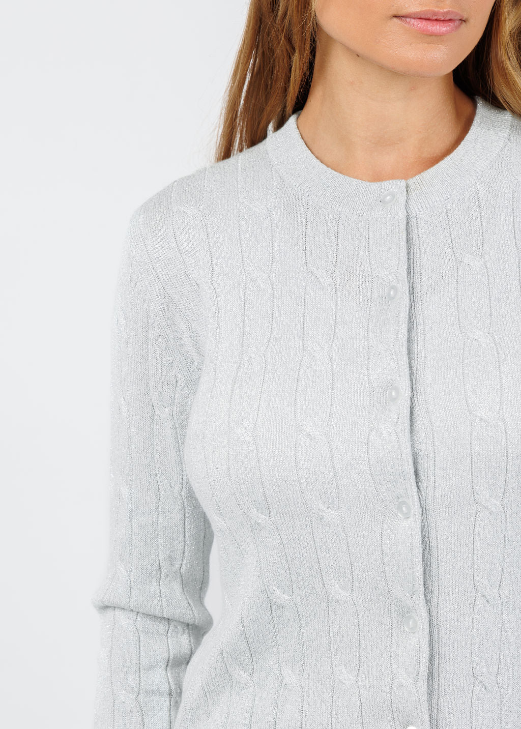 BK Kitti Lurex Cable Cardigan in White/Silver available at Barbara Katz