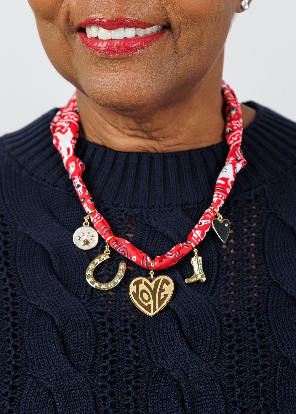 Knotty Bling Multi-Charm Bandana Scarf Necklace in Red available at Barbara Katz