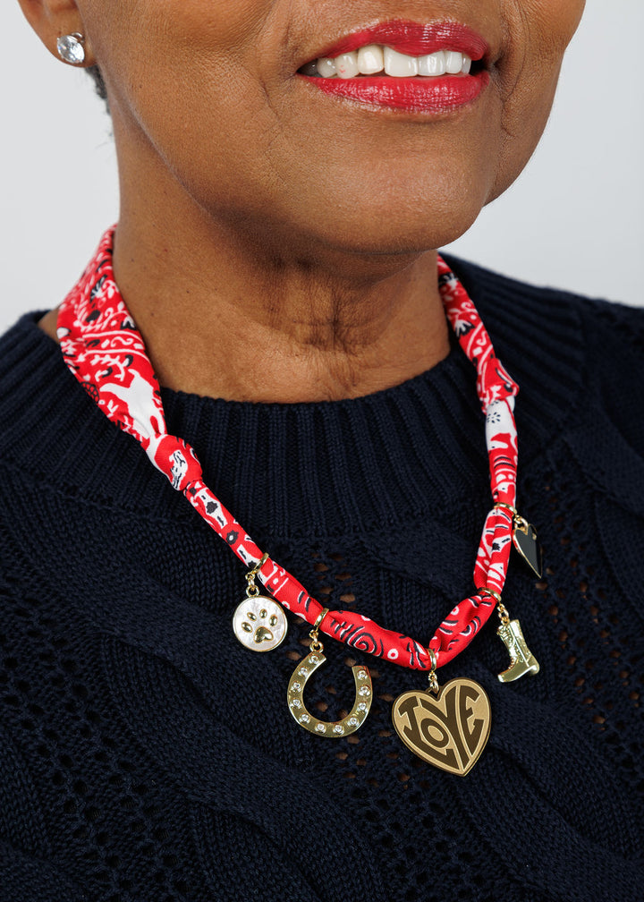 Knotty Bling Multi-Charm Bandana Scarf Necklace in Red available at Barbara Katz