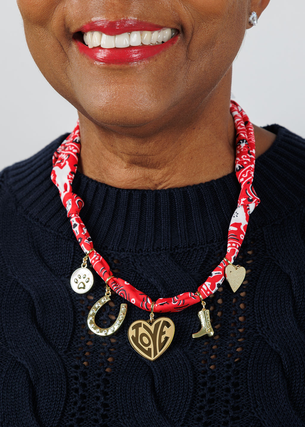 Knotty Bling Multi-Charm Bandana Scarf Necklace in Red available at Barbara Katz