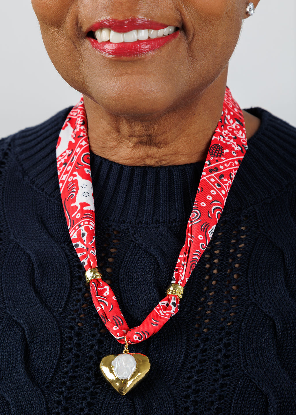 Knotty Bling Single Heart Charm Bandana Scarf Necklace in Red available at Barbara Katz