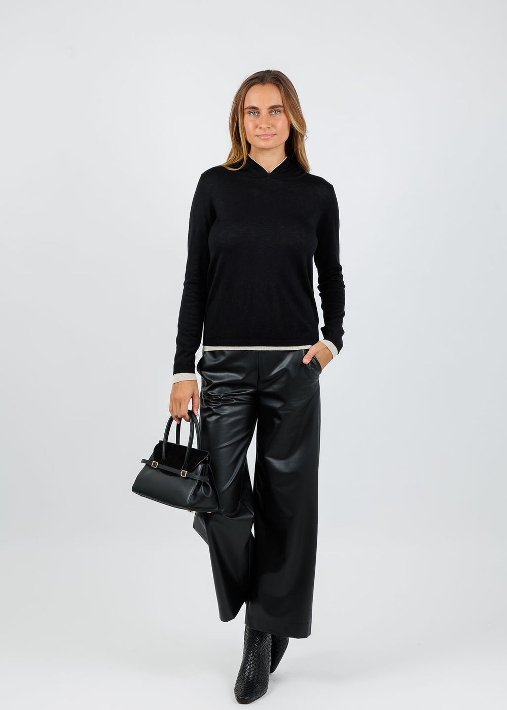 Kokun Darla Double Layer Hoodie in Black/Wheat available at Barbara Katz