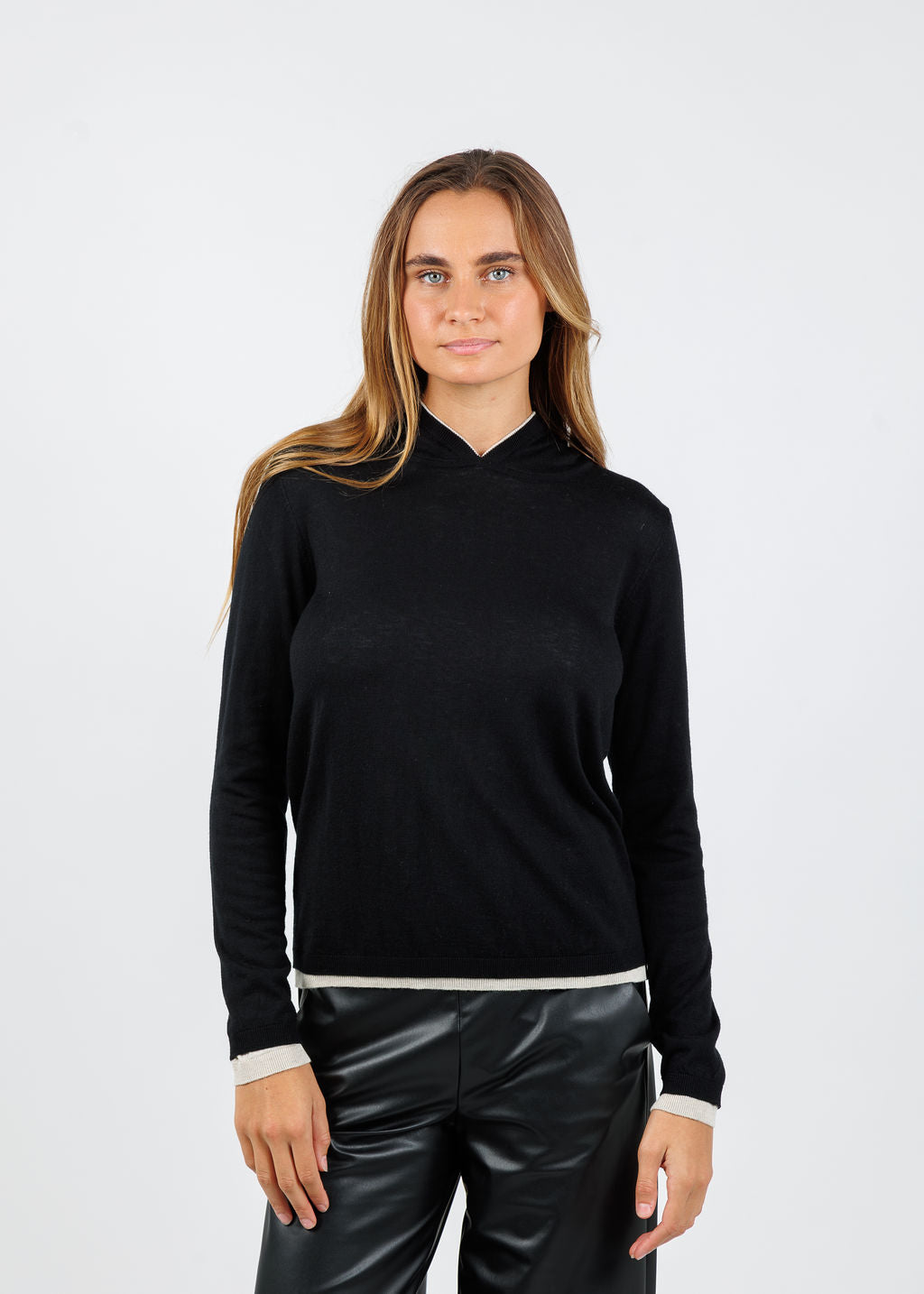 Kokun Darla Double Layer Hoodie in Black/Wheat available at Barbara Katz