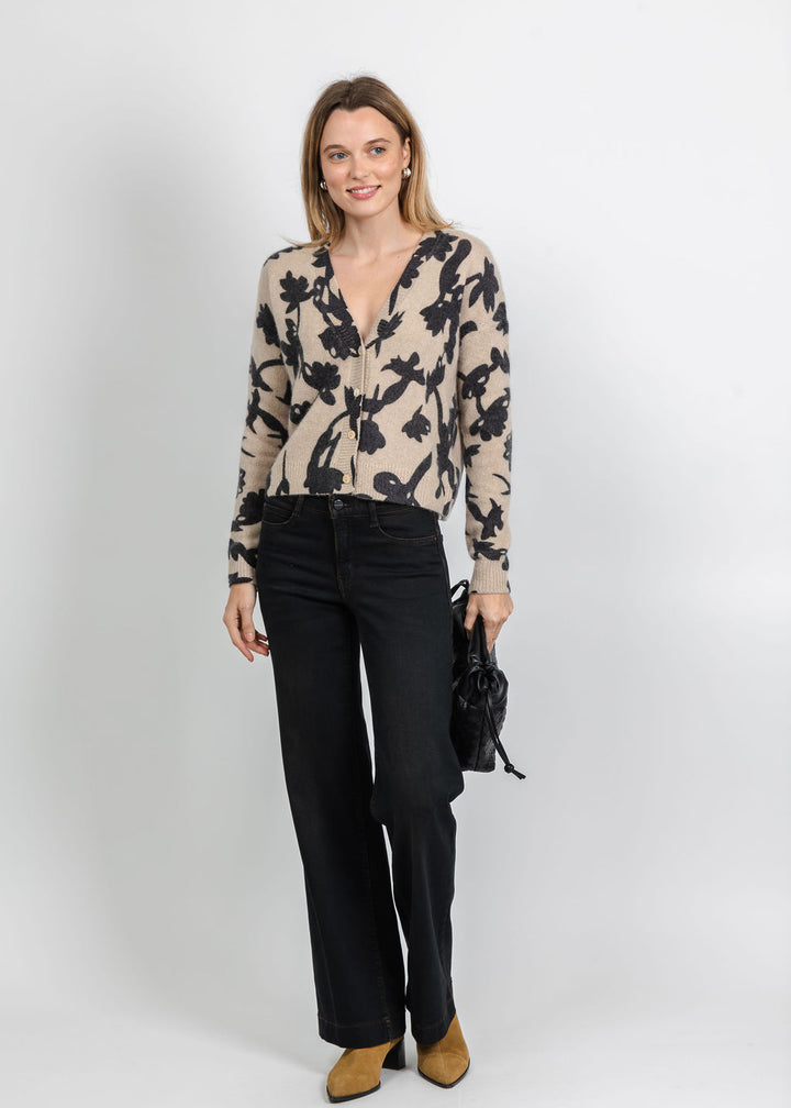 Kokun The Botanist Cardigan in Jute paired with MAC 32" Wide Overdyed Denim in Brown/Black available at Barbara Katz