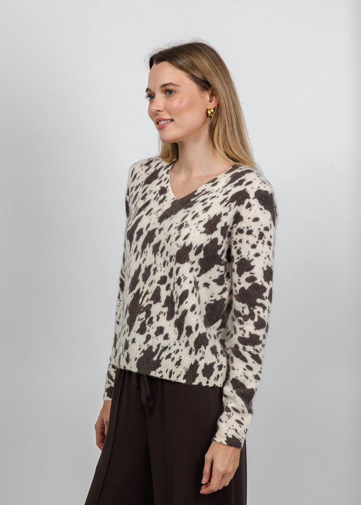 Kokun The Jasper Abstract V Neck Sweater in Ivory available at Barbara Katz