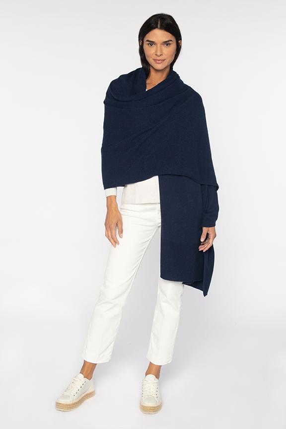 Kinross Garter Trim Travel Wrap in Navy available at Barbara Katz