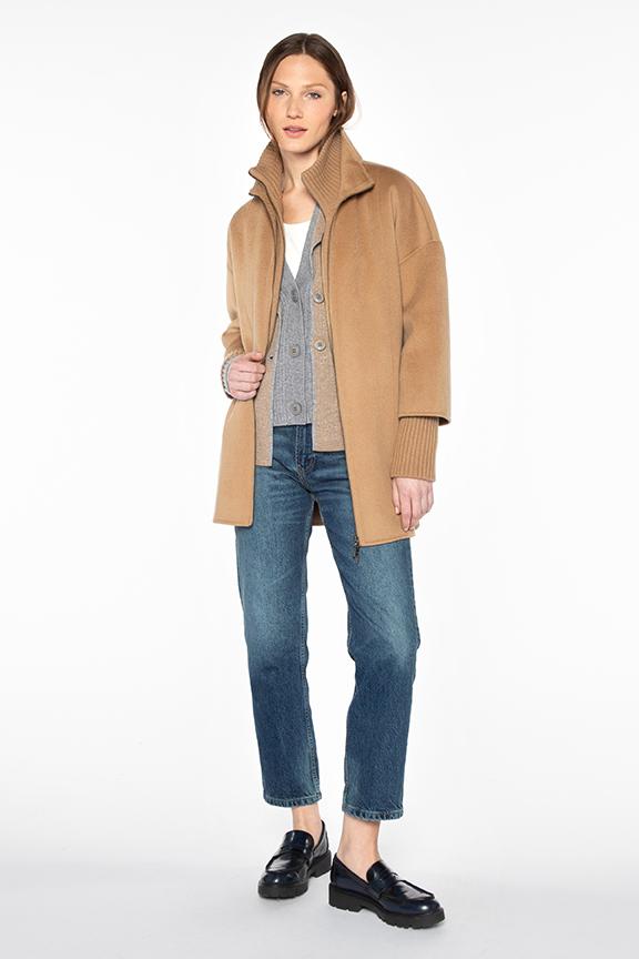 Kinross Knit Insert Zip Mock Coat in Camel available at Barbara Katz