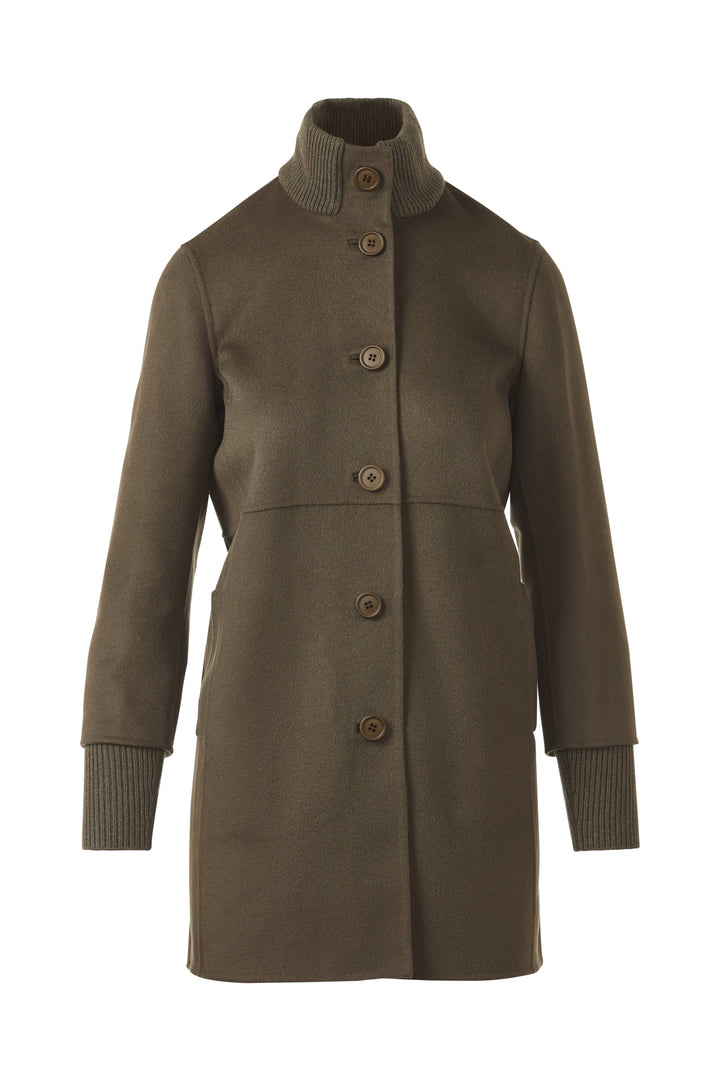 Kinross Button Front Knit Trim Coat in Loden available at Barbara Katz