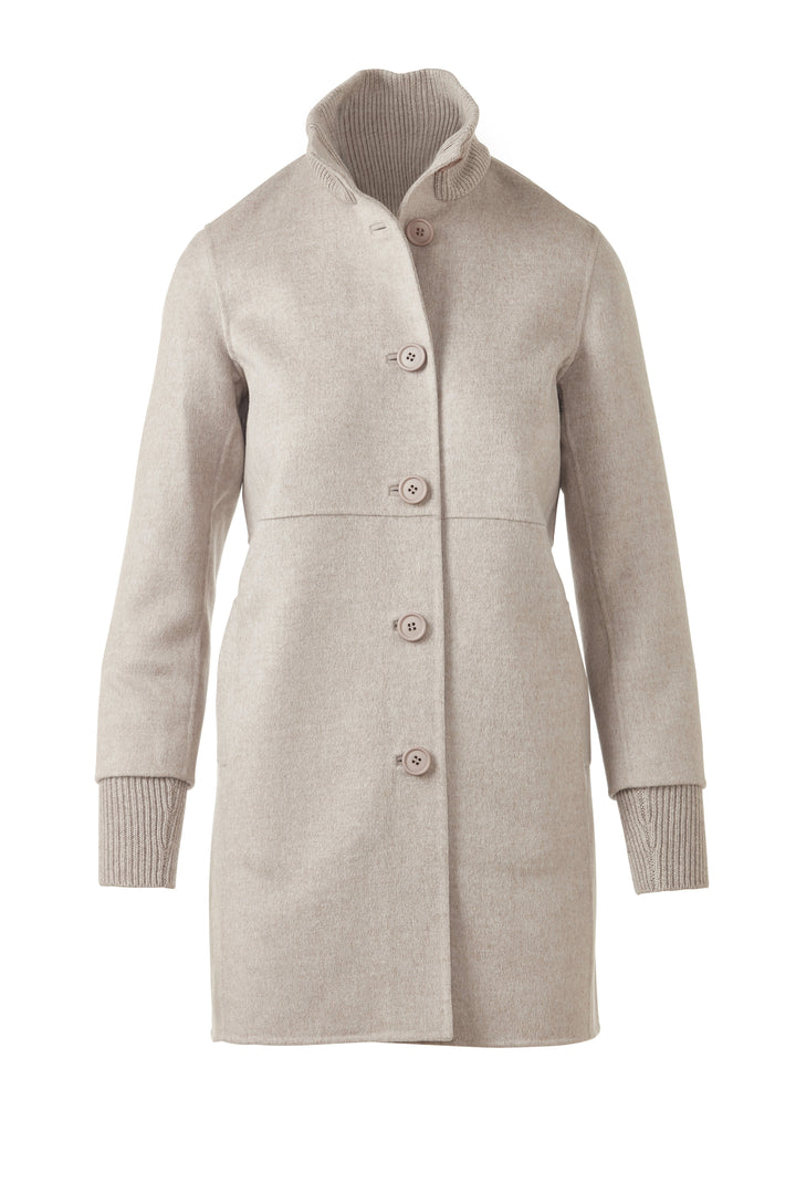 Kinross Button Front Knit Trim Coat in Taupe available at Barbara Katz