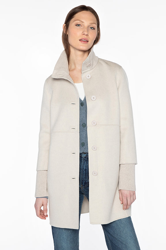 Kinross Button Front Knit Trim Coat in Birch available at Barbara Katz
