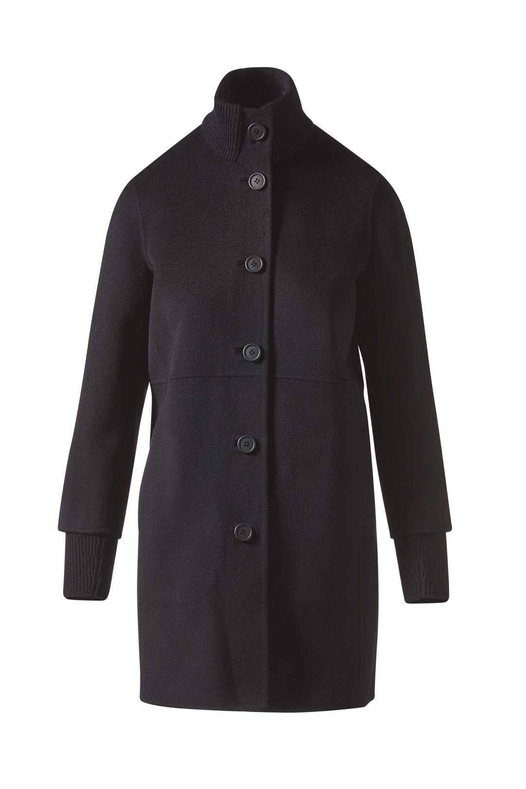 Kinross Button Front Knit Trim Coat in Black available at Barbara Katz