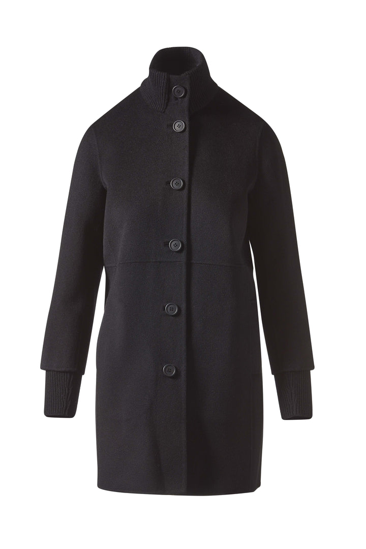 Kinross Button Front Knit Trim Coat in Black available at Barbara Katz
