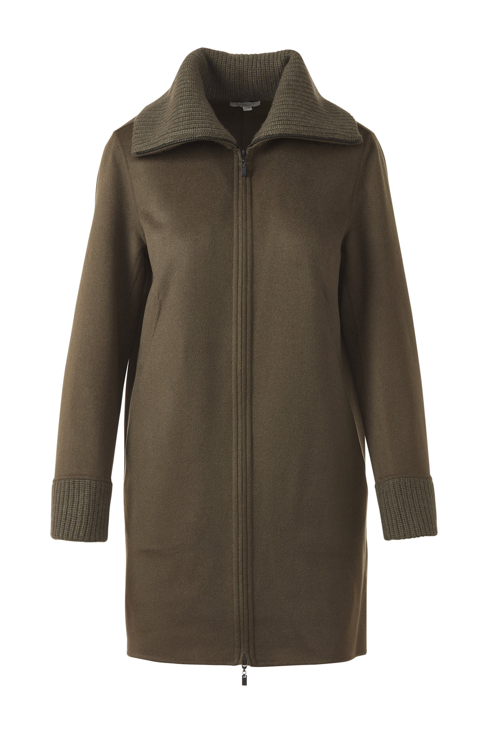 Kinross Knit Trim Zip Mock Coat in Loden available at Barbara Katz