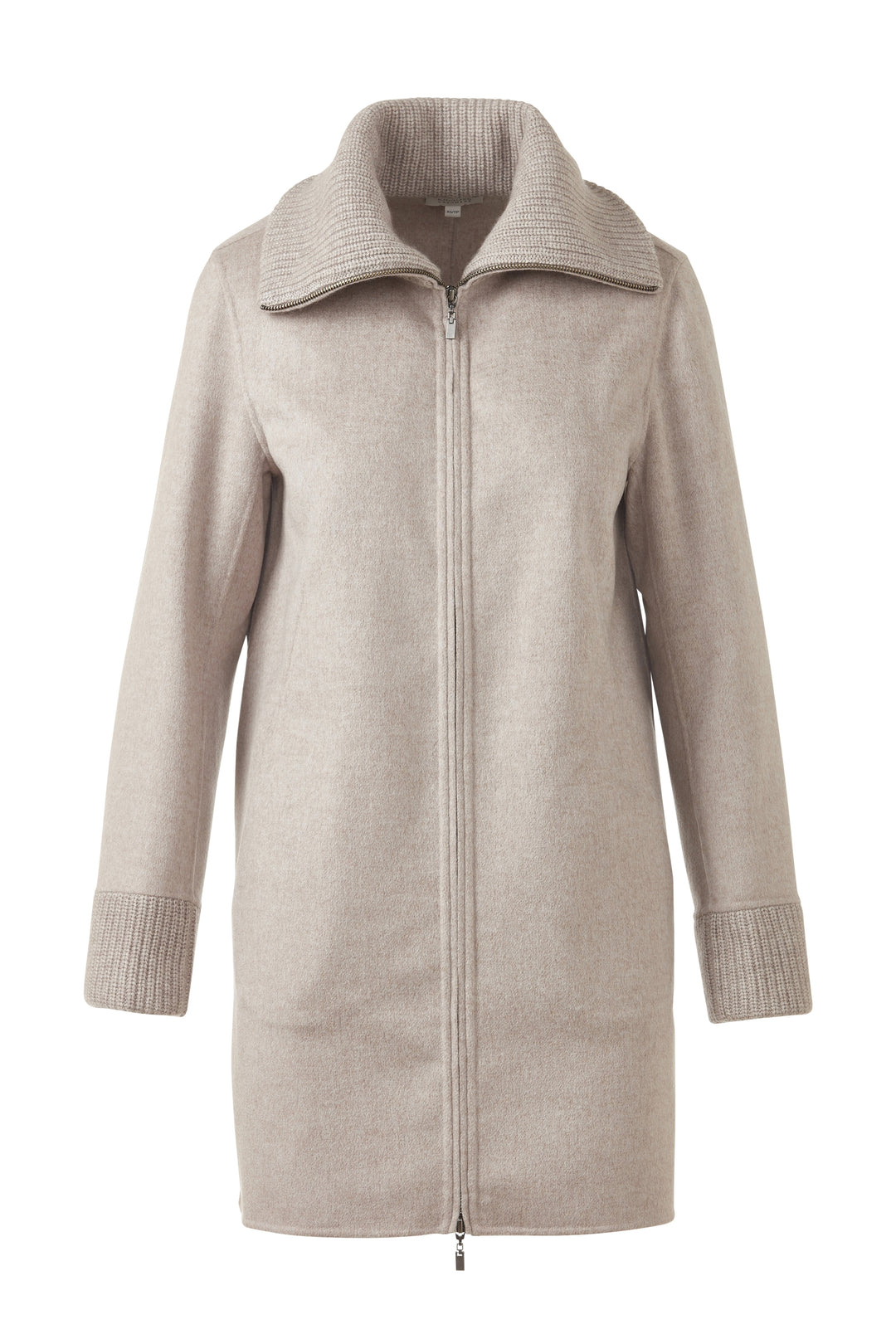 Kinross Knit Trim Zip Mock Coat in Taupe available at Barbara Katz