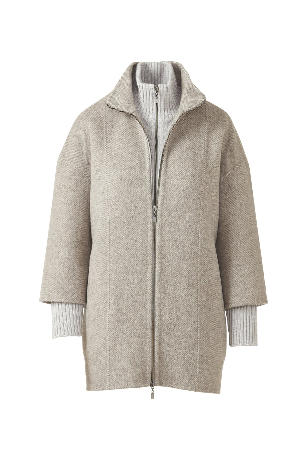 Kinross Brushed Herringbone Zip Mock Coat in Taupe available at Barbara Katz