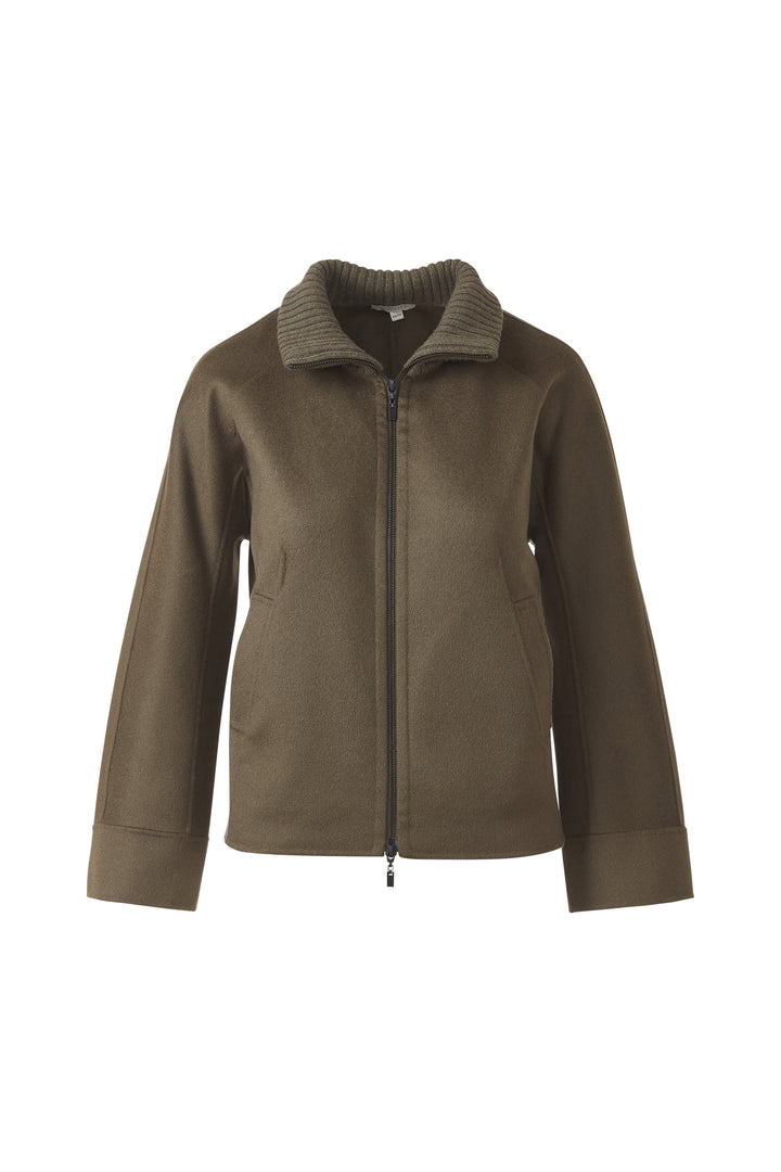 Kinross Short Knit Trim Zip Mock Coat in Loden available at Barbara Katz