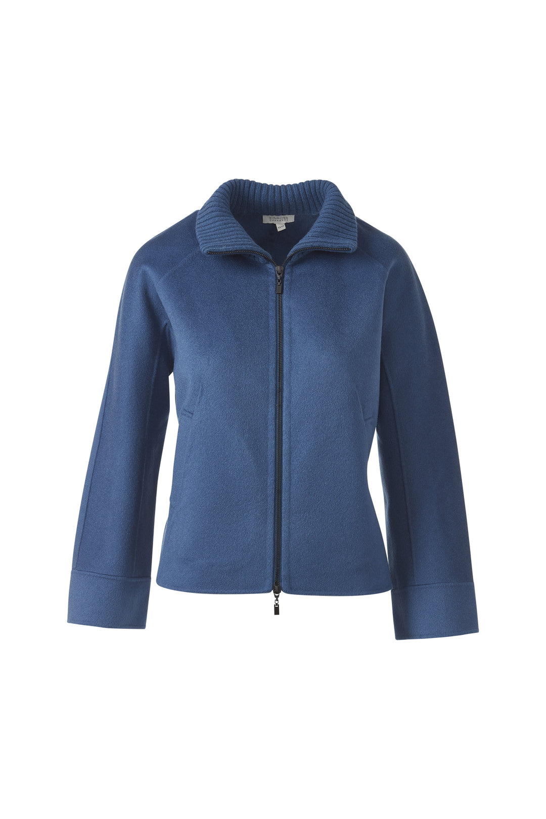 Kinross Short Knit Trim Zip Mock Coat in Saphire available at Barbara Katz