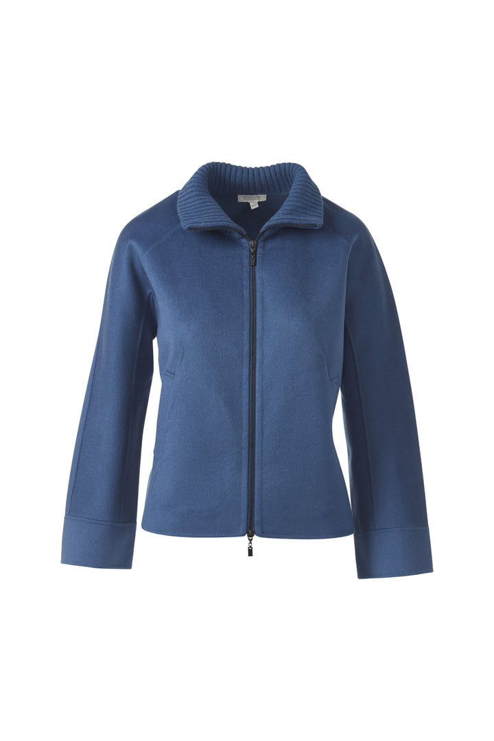 Kinross Short Knit Trim Zip Mock Coat in Saphire available at Barbara Katz