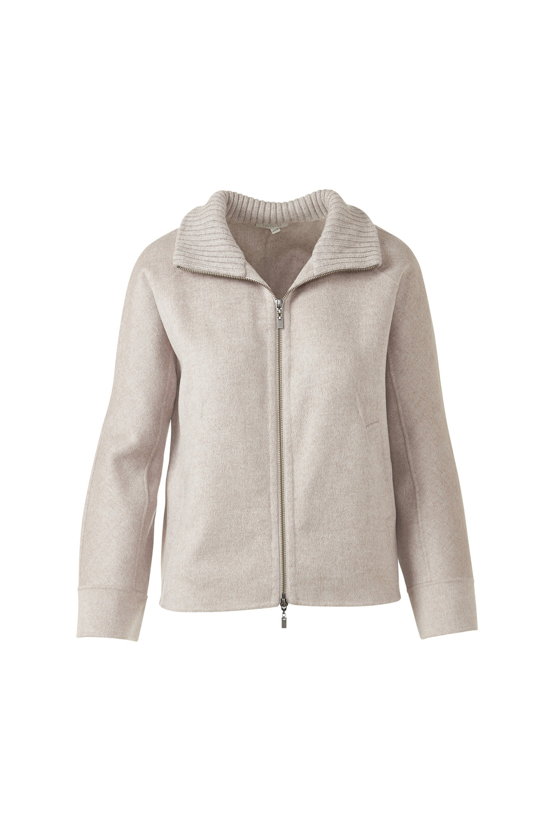 Kinross Short Knit Trim Zip Mock Coat in Taupe available at Barbara Katz