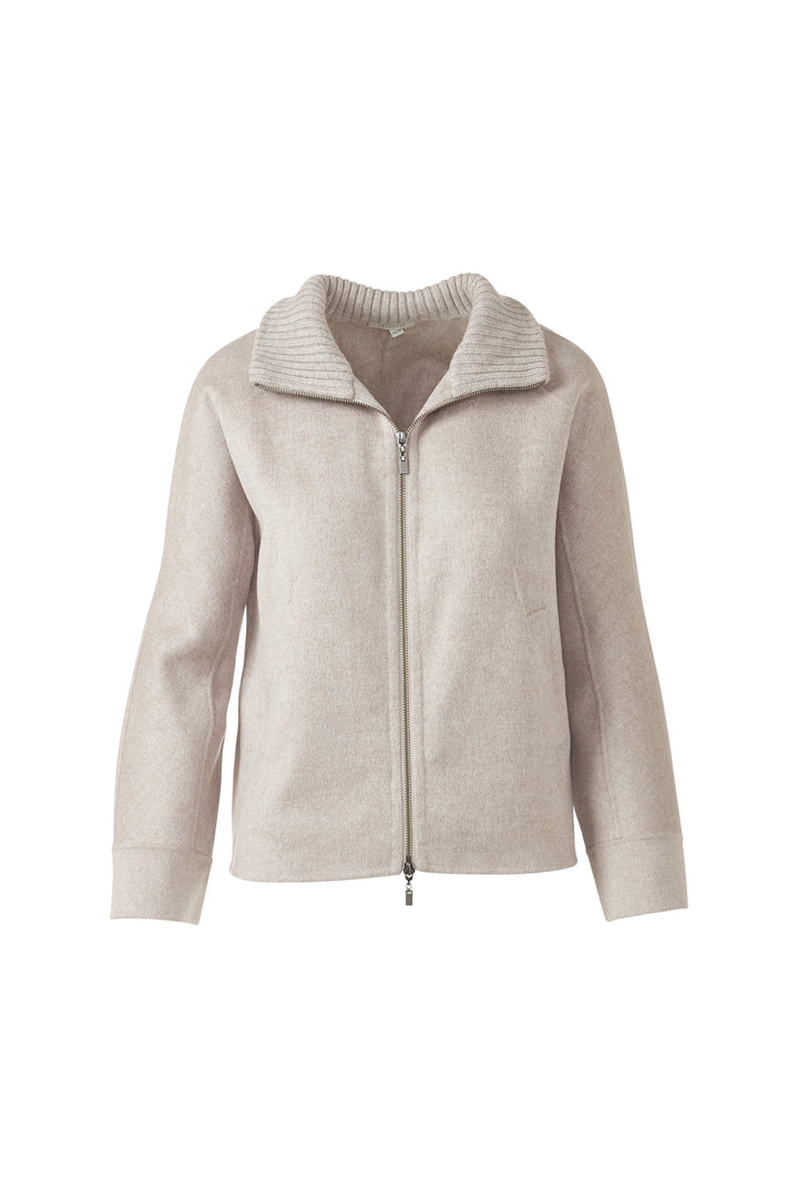 Kinross Short Knit Trim Zip Mock Coat in Taupe available at Barbara Katz
