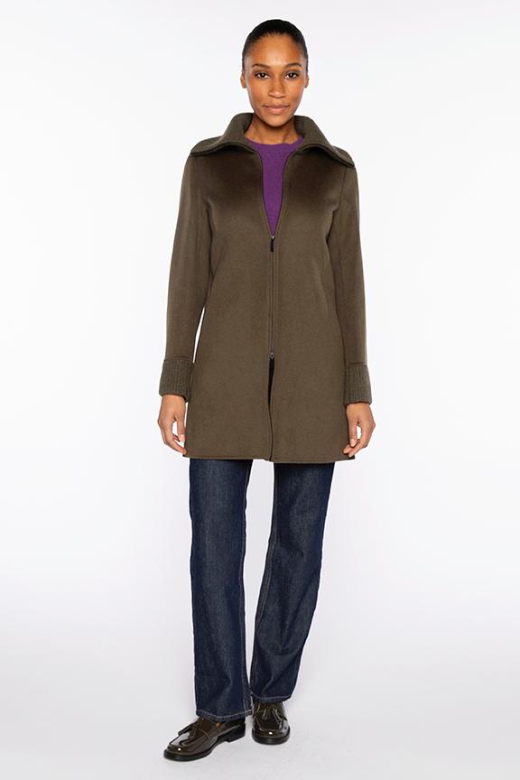 Kinross Knit Trim Zip Mock Coat in Loden available at Barbara Katz
