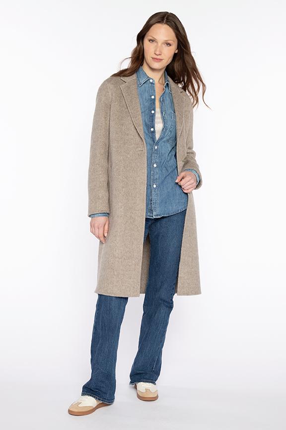 Kinross Brushed Herringbone Notch Collar Coat in Taupe available at Barbara Katz