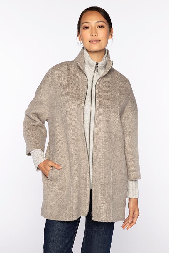 Kinross Brushed Herringbone Zip Mock Coat in Taupe available at Barbara Katz