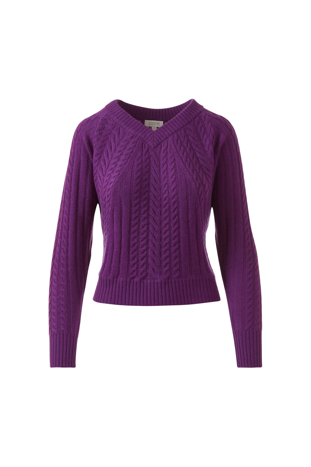 Kinross Cashmere Diagonal Cable Vee Sweater in Violet available at Barbara Katz