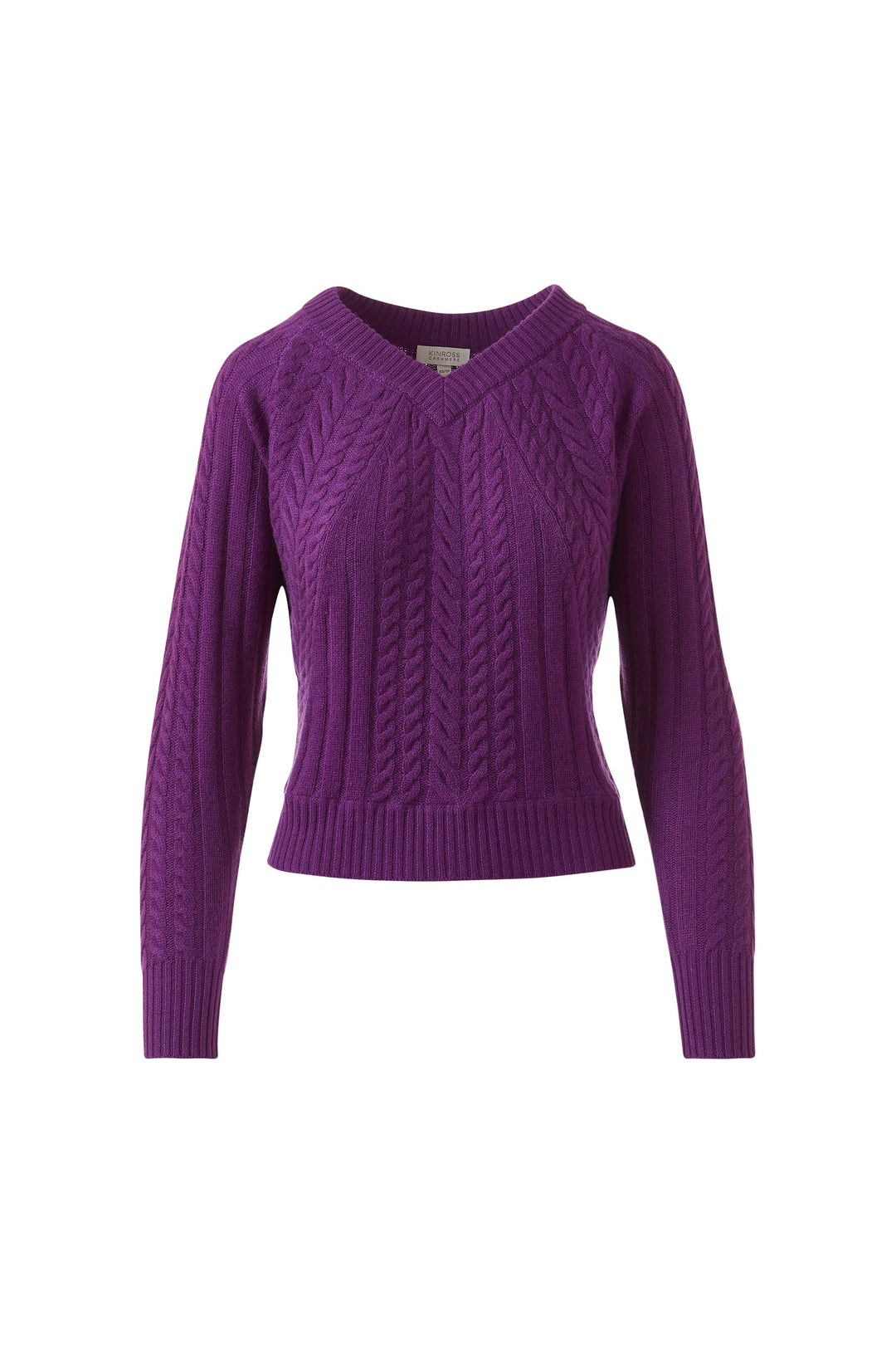 Kinross Cashmere Diagonal Cable Vee Sweater in Violet available at Barbara Katz