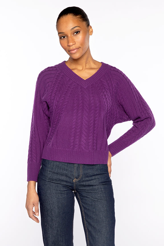Kinross Cashmere Diagonal Cable Vee Sweater in Violet available at Barbara Katz