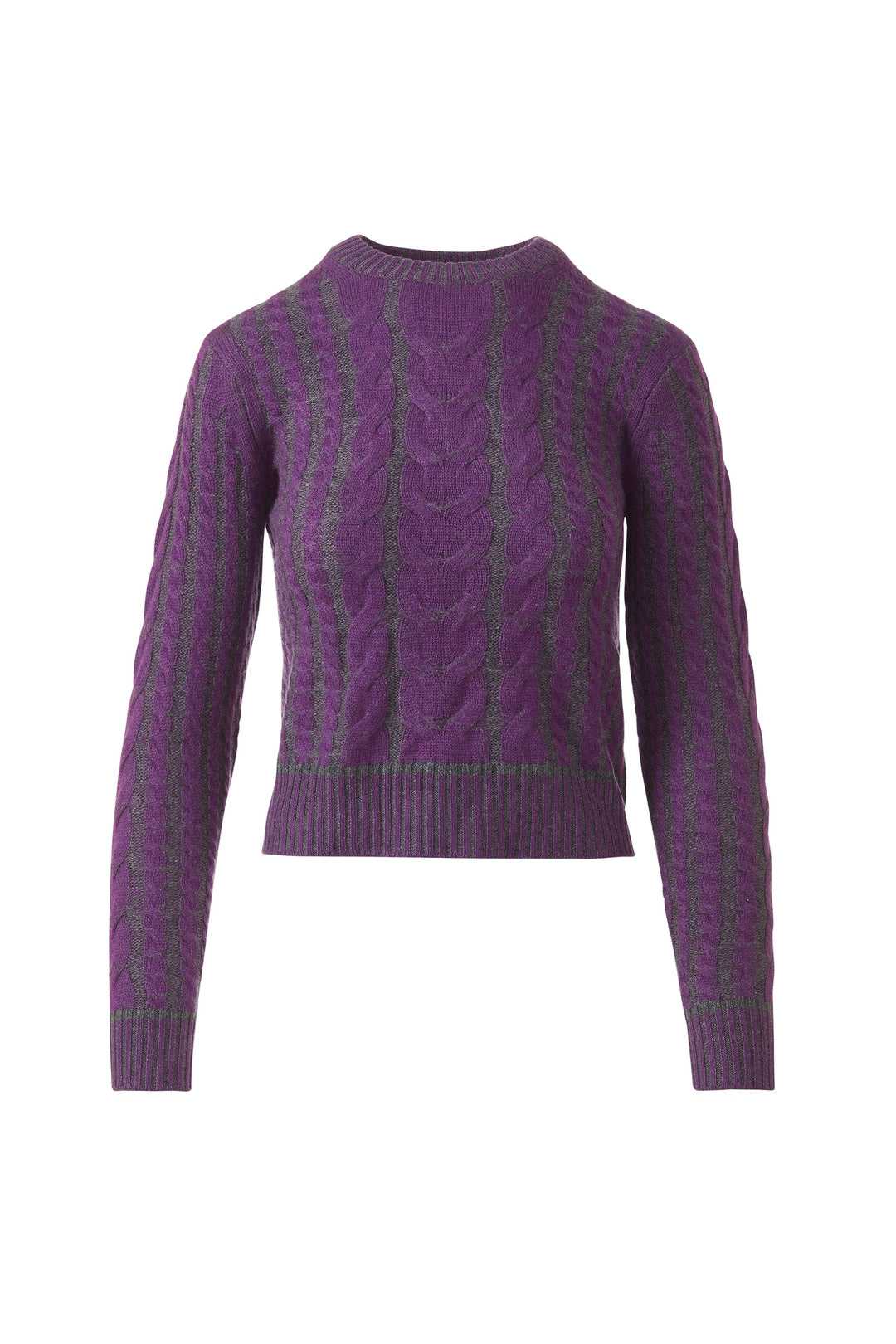 Kinross Cashmere Plaited Tipped Cable Crew in Violet available at Barbara Katz