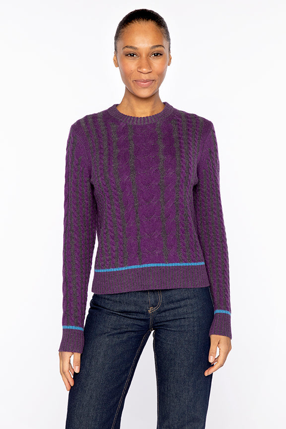 Kinross Cashmere Plaited Tipped Cable Crew in Violet available at Barbara Katz