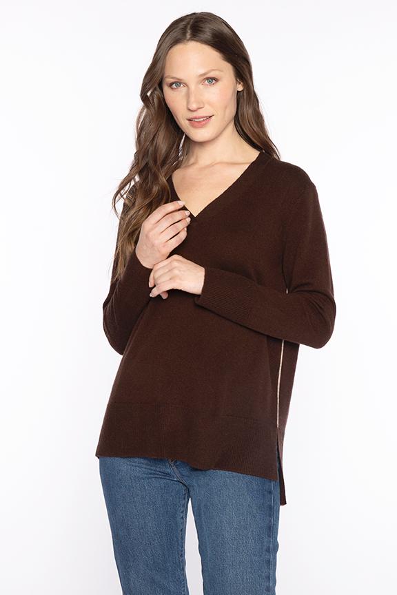 Kinross Cashmere Hi Low Piped Easy Vee available at Barbara Katz