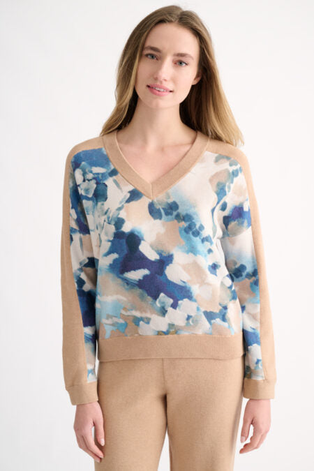 Kinross Abstract Print Vee Sweater in  Scotch Multi available at Barbara Katz