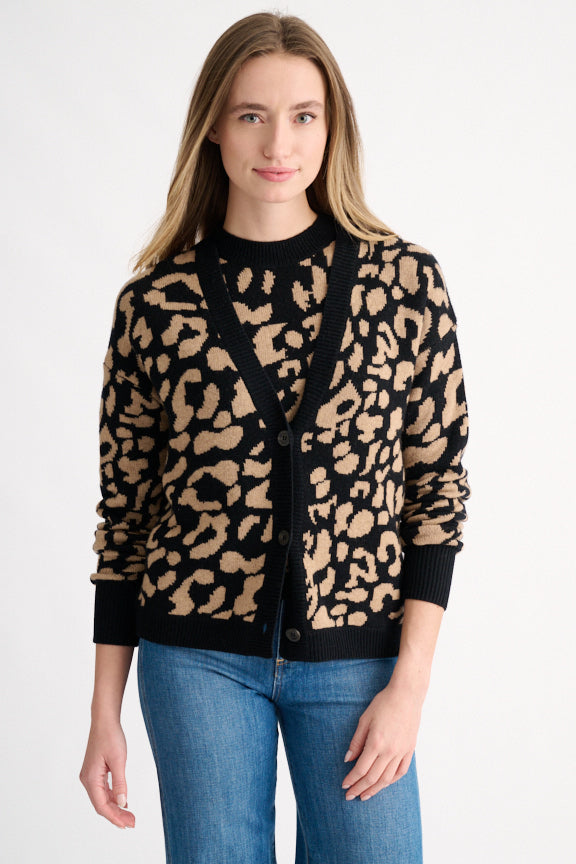Kinross Double Knit Leopard Cardigan - Black Multi available at Barbara Katz