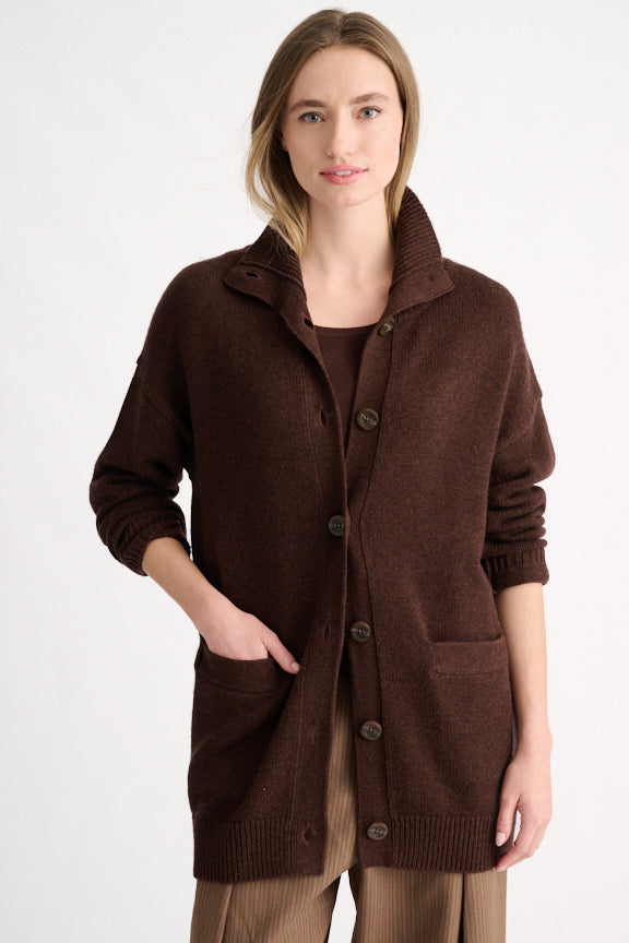 Kinross Long Button Mock Cardigan - Chocolate available at Barbara Katz