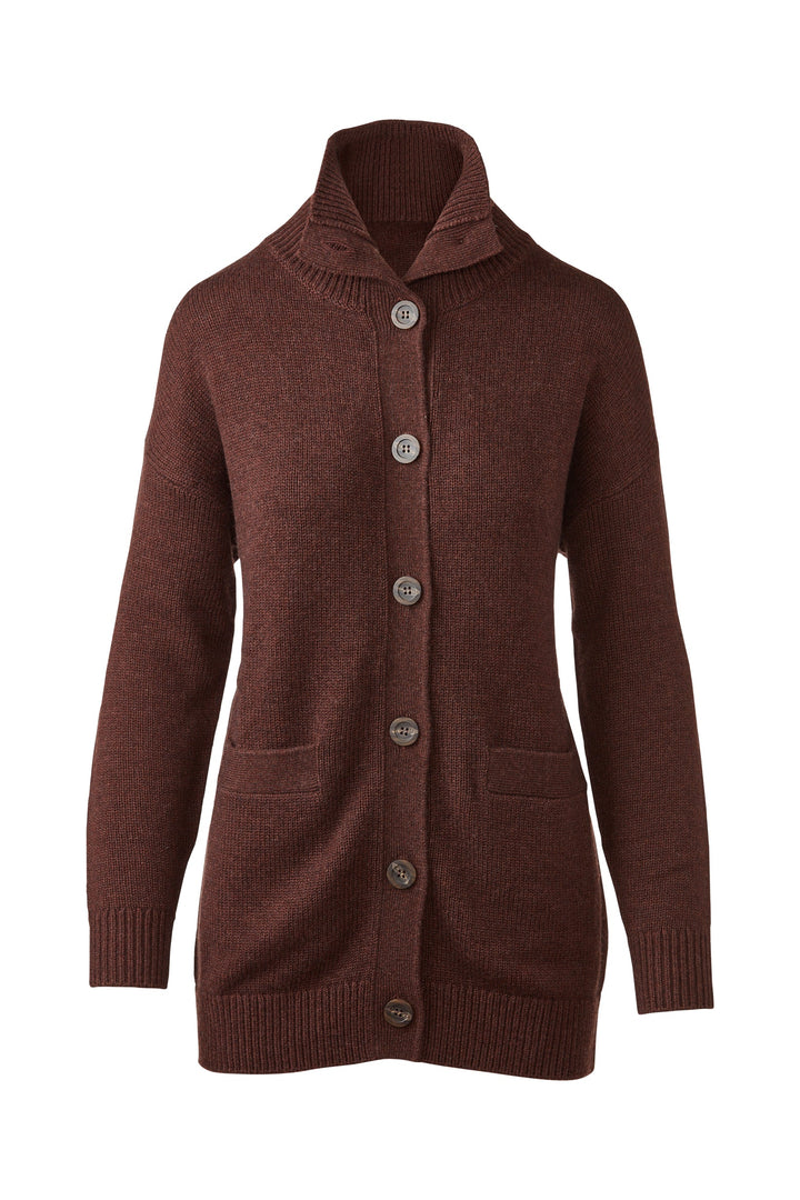 Kinross Long Button Mock Cardigan - Chocolate available at Barbara Katz