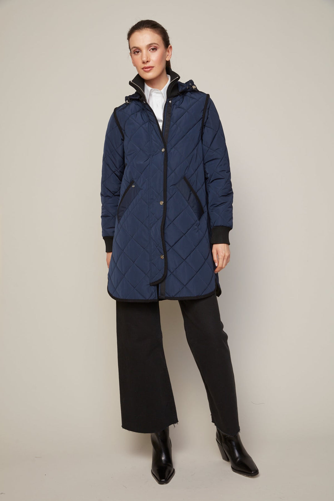 Adroit Atelier Libby Quilted Full Zip Coat With Removable Hood in Navy available at Barbara Katz