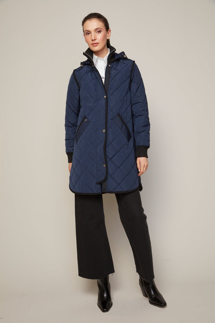 Adroit Atelier Libby Quilted Full Zip Coat With Removable Hood in Navy available at Barbara Katz