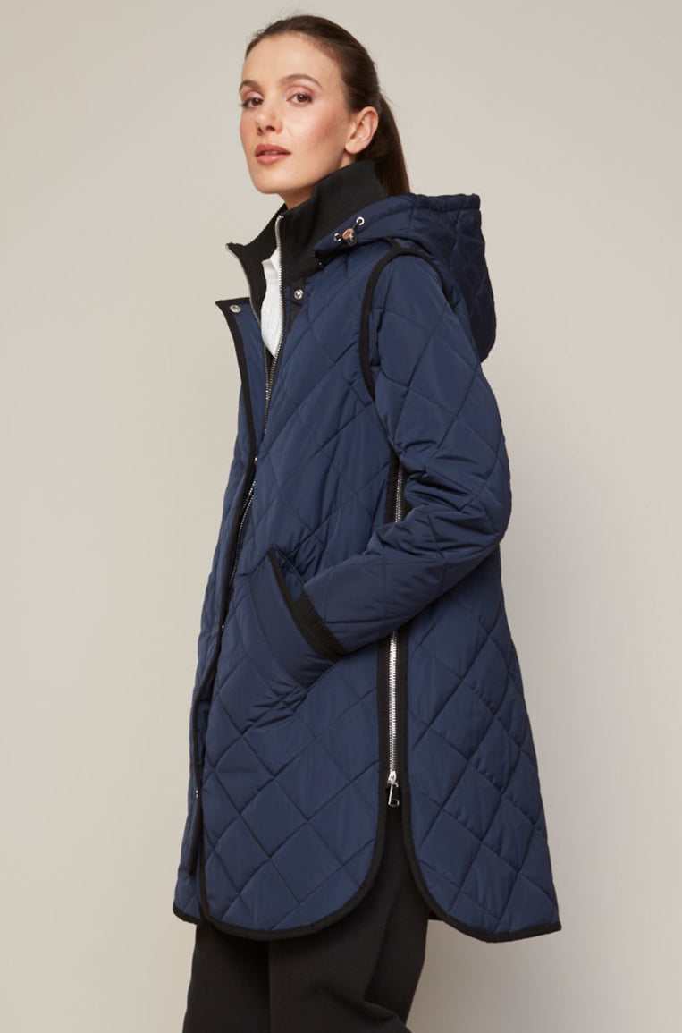 Adroit Atelier Libby Quilted Full Zip Coat With Removable Hood in Navy available at Barbara Katz