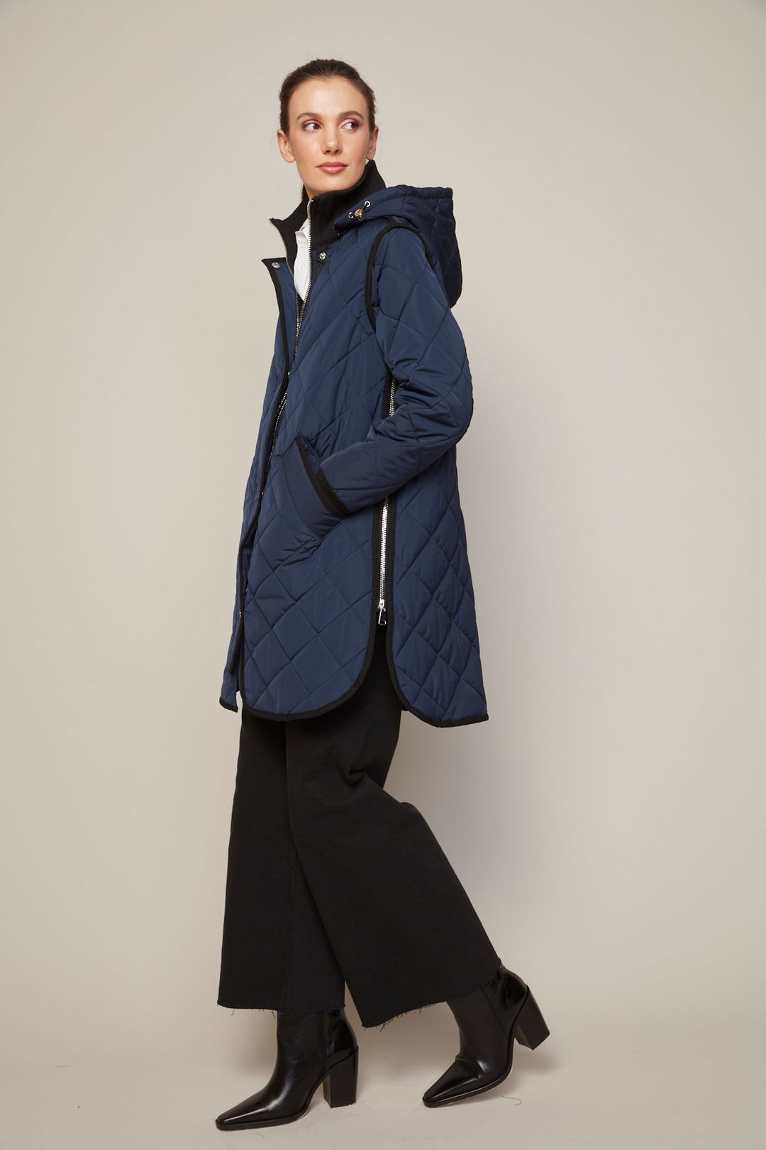 Adroit Atelier Libby Quilted Full Zip Coat With Removable Hood in Navy available at Barbara Katz