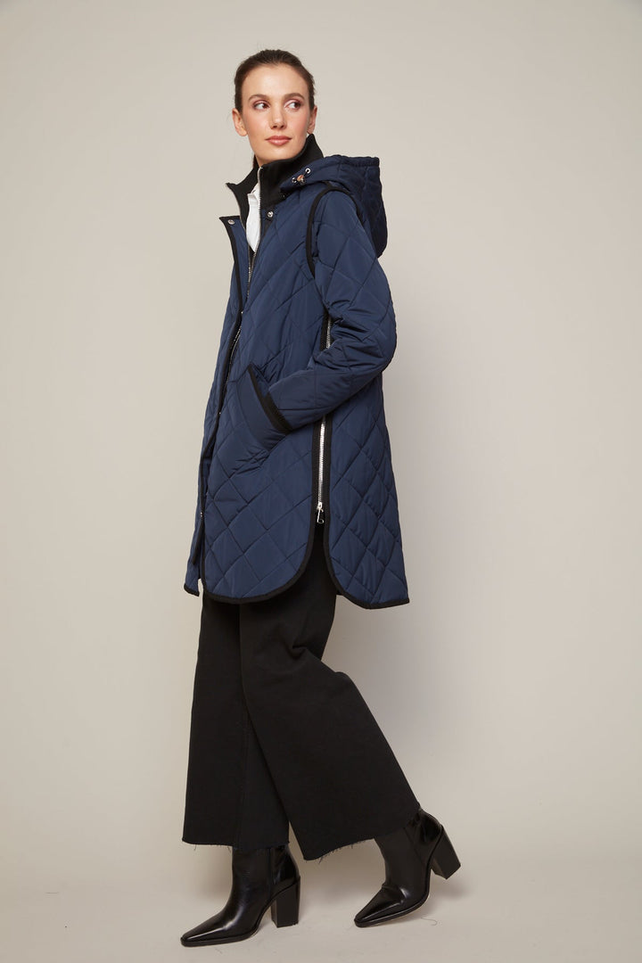 Adroit Atelier Libby Quilted Full Zip Coat With Removable Hood in Navy available at Barbara Katz