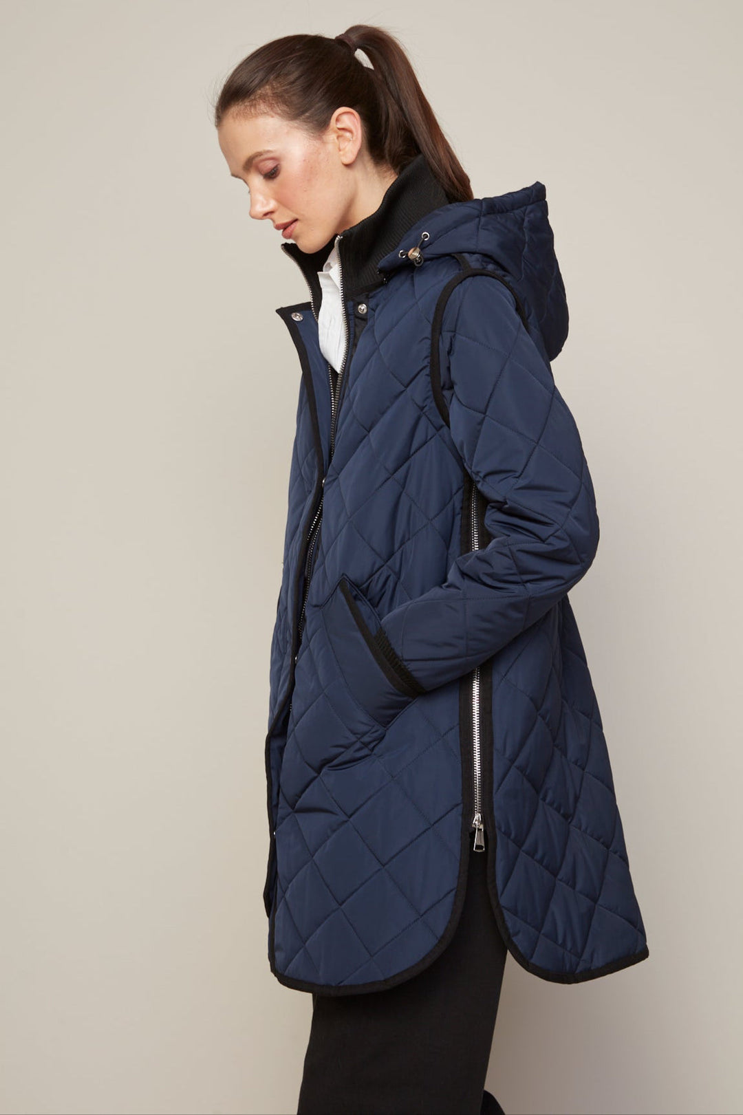 Adroit Atelier Libby Quilted Full Zip Coat With Removable Hood in Navy available at Barbara Katz